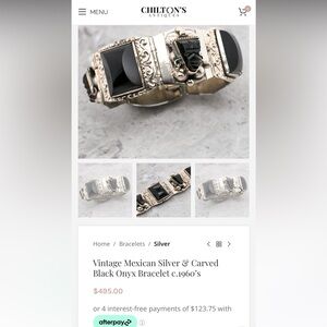 Vintage carved black onyx,Aztec Silver 925,sterling bracelet